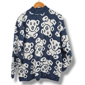 Needles & Yarn Fuzzy Vintage Teddy Bear Print Mock Neck‎ Knit Sweater Pullover